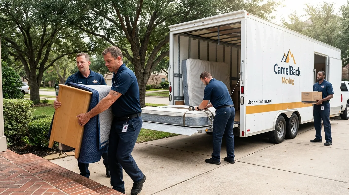 Crew loading residential truck for cross-state move from Moville, IA