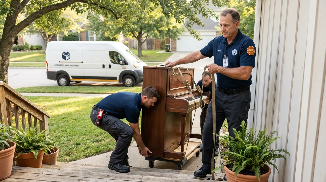 Licensed piano movers securing grand piano in Moville, IA