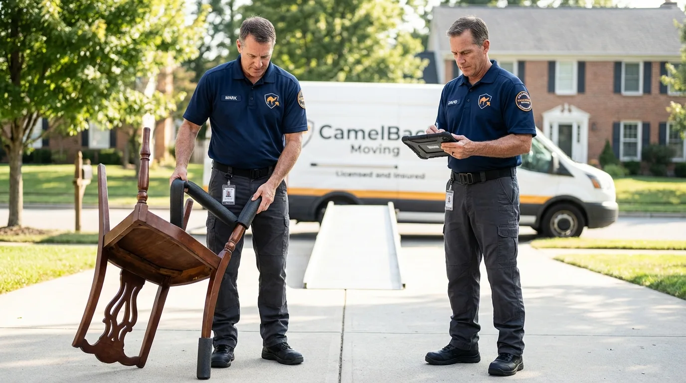 Movers inspecting furniture for damage prevention before loading in Moville, IA