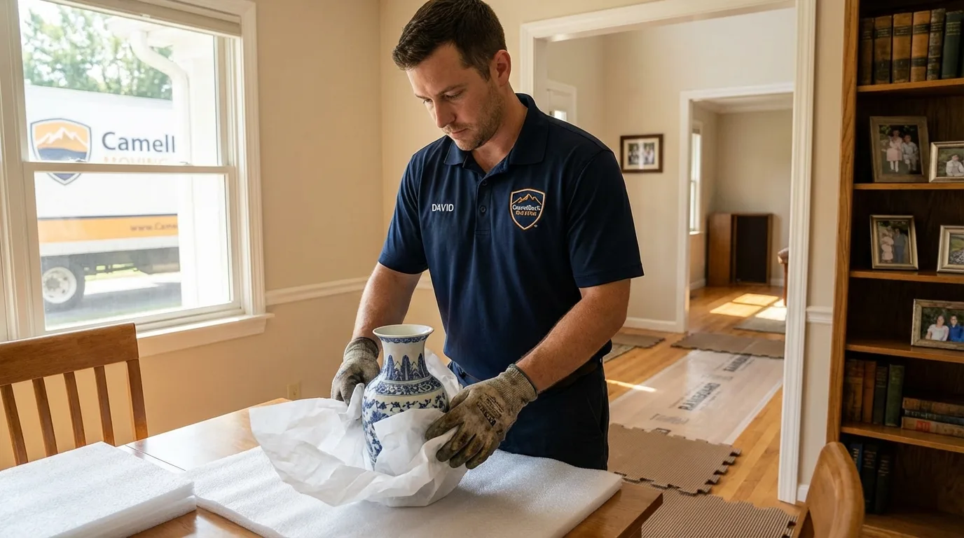 Professional crew carefully wrapping antique vase for senior downsizing move in Moville, IA